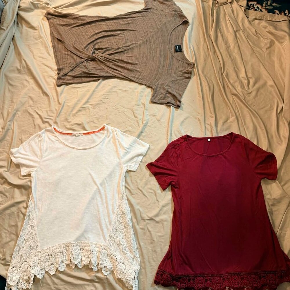 THREE Mixed Brands Short Sleeve Blouse Tops SM/MED/LG Tan, Ivory, Burgundy